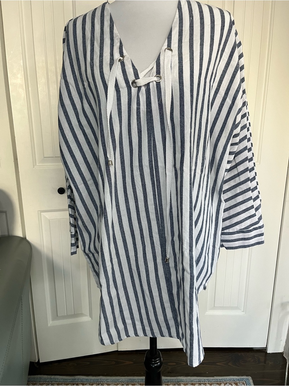 Striped Linen Tunic Top - Navy and White Lace-Up Size XL